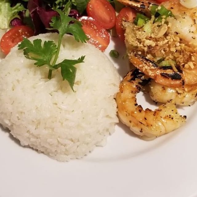 The Grilled Jumbo Shrimps Coconut Rice Platter.