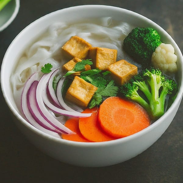 Close-up of a vegan pho bowl with tofu, rice noodles, broccoli, carrots, and red onions.