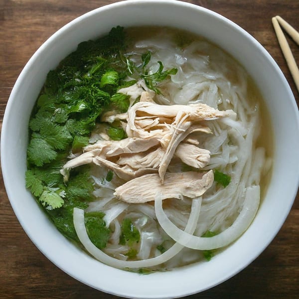 A white bowl of Pho Ga, Vietnamese chicken noodle soup, with cilantro, onions, and chopsticks.