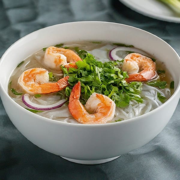 A white bowl of Pho Akaushi shrimp pho with noodles, cilantro, and red onions.